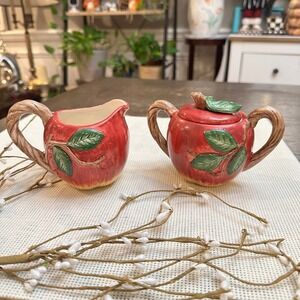 Fitz & Floyd Red Apple w/Vines Creamer & Lidded‎ Sugar Bowl Set Vintage